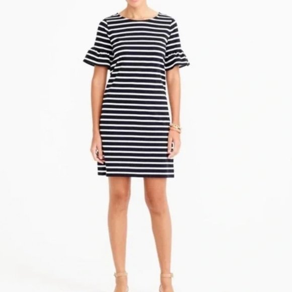 J. Crew Ruffle Sleeve Dress in Black and White Stripe NWOT - Picture 1 of 5